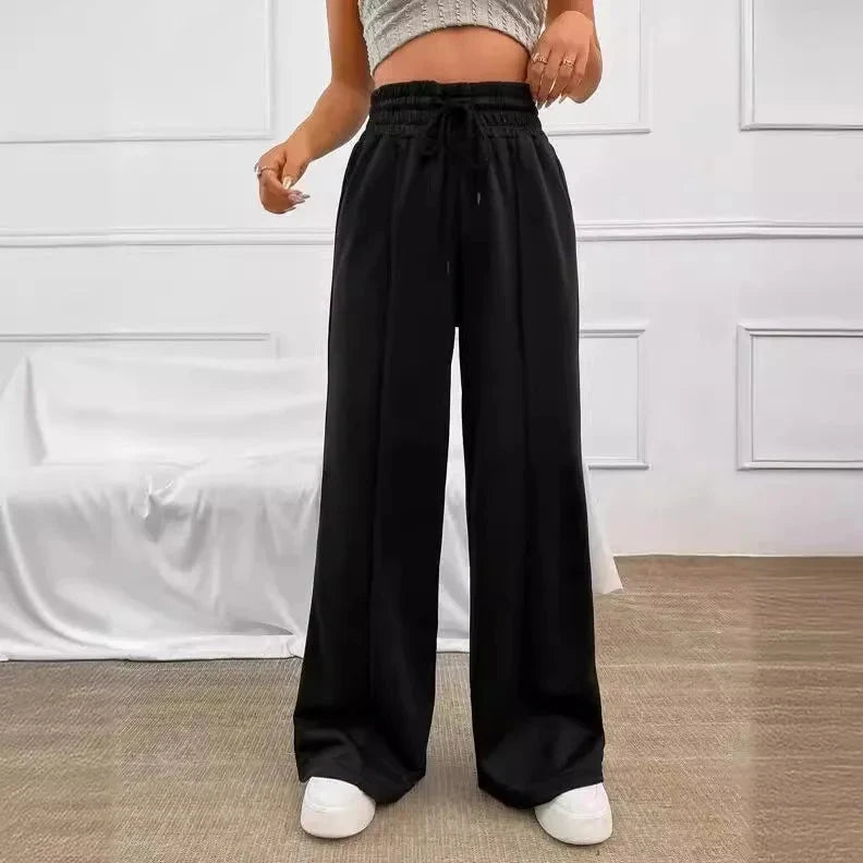 High Waist Wide Leg Pants Women Full Length Trousers Solid Capris Drawstring Pockets Loose Fit Sports Casual Slight Strech Colouronova