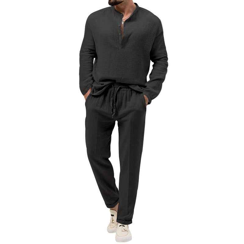 Men's Pure Color Casual Long Sleeve Shirt and Pants Set