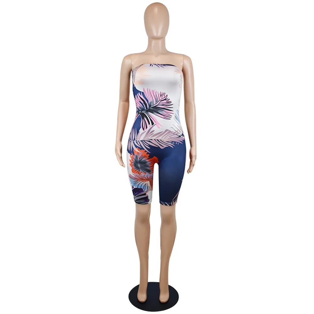 Ladies' strapless sexy jumpsuit shorts, tight fitting, hip hugging, waist cinching, fashionable printed street style commuting - Colouronova