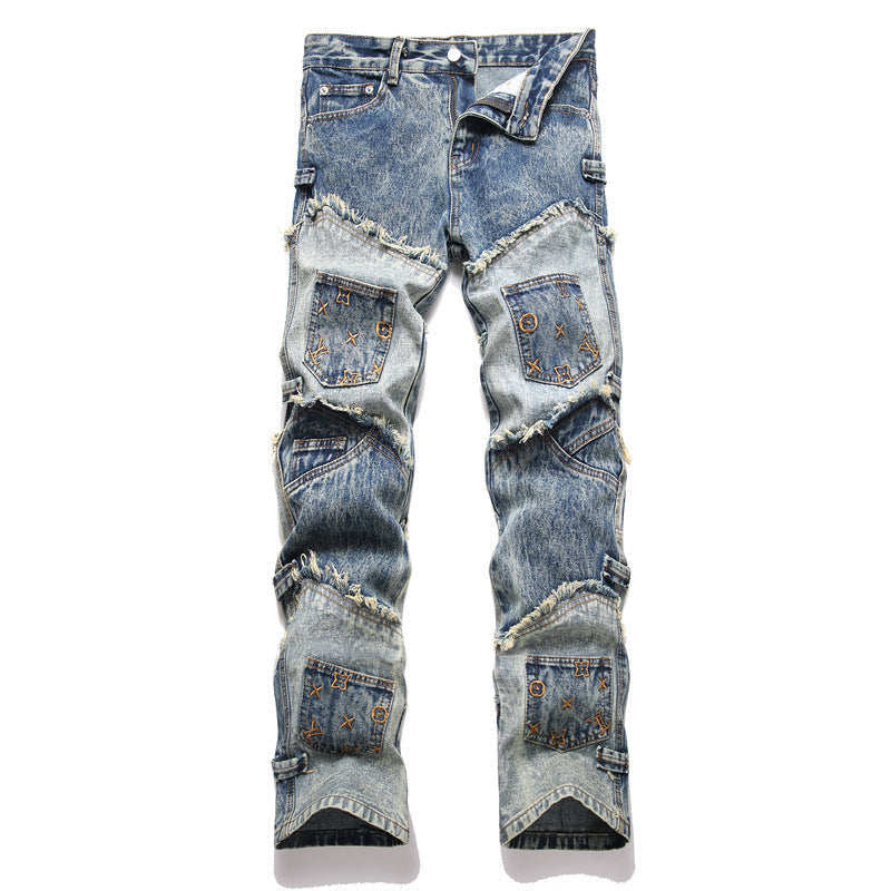 Letter-stitched denim pants Colouronova