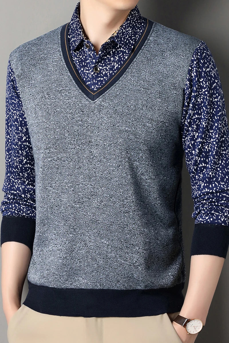 2025 Autumn Men Fleece Warm Sweater Men Fake Two Piece Plush Pullover Shirt Collar Thick Knitted Sweater Male Casual Jumpers - Colouronova