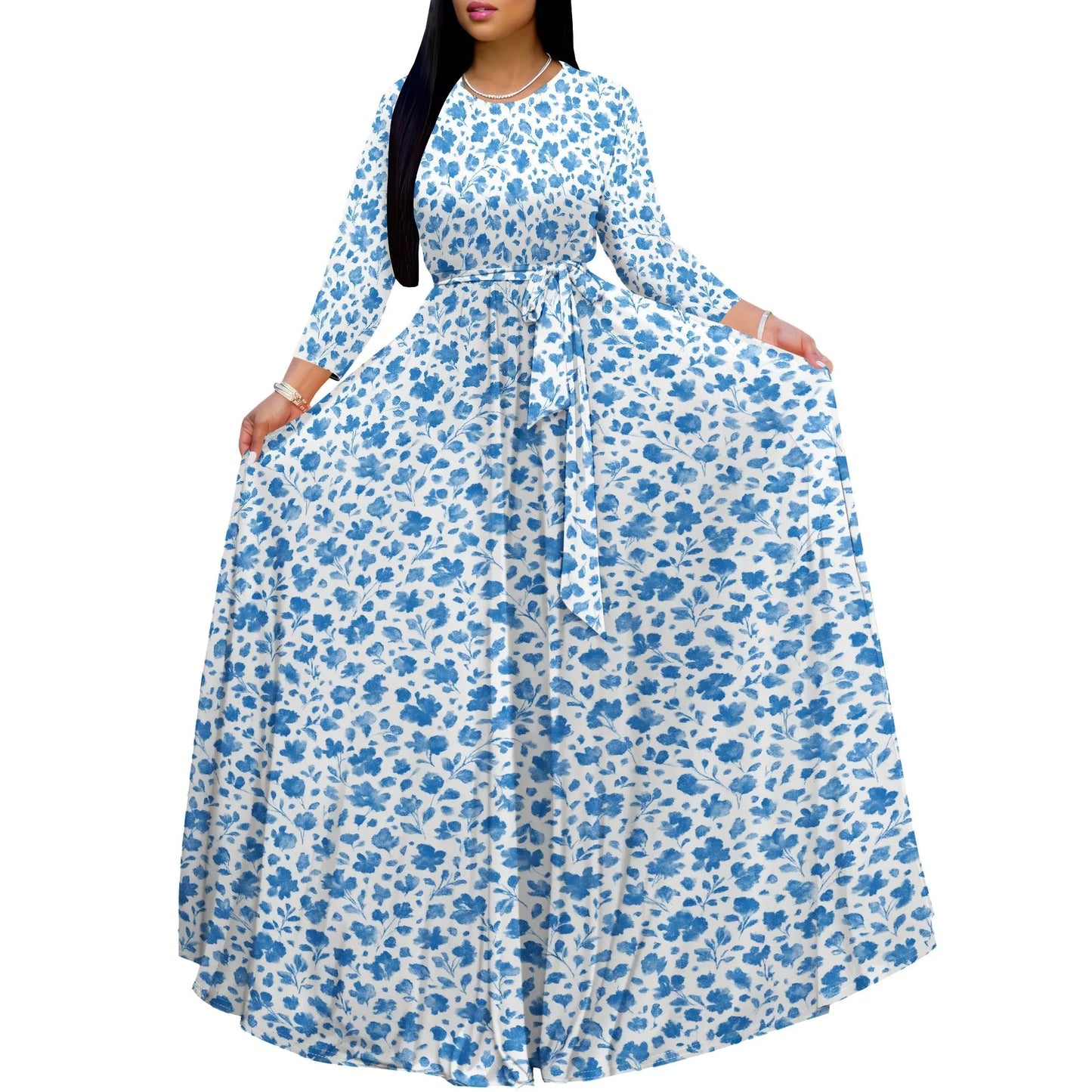 Long Sleeve Plus Size Maxi Fall Dress for Curvy Women Round Neck 3/4 Sleeve Long Dress Cocktail Party Dress Colouronova