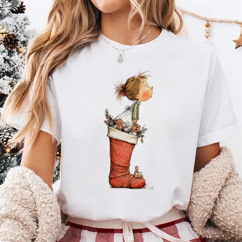 Trendy Women's Cute Christmas Happy Fashion New Year T-Shirt Girls' Christmas Socks Pattern Printed Short Sleeve Basic T-Shirt - Colouronova