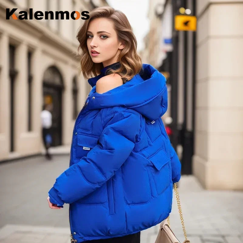 Women Full Sleeve Hooded Zipper Parkas Stand Collar Loose Drawstring Jackets Thick Warm Pockets Casual Coats Autumn Winter - Colouronova