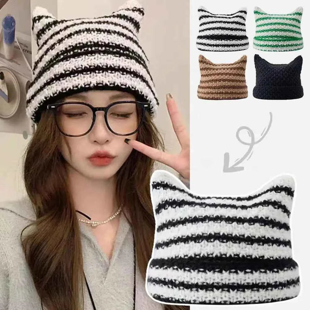 Japanese Streetwear Harajuku Little Devil Striped Knitted Cute Girls Cat Autumn Beanie Women and Hat Ears Cap Winter C1Q2