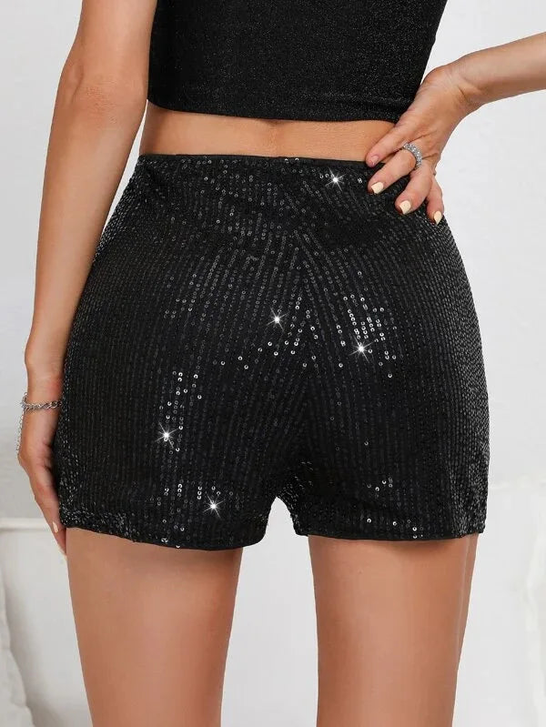 Straight Shorts Women Sexy Mid Waist Sequins Solid Color Stretch Skinny Short Hot Pants Female Summer 2025 Casual Office Lady - Colouronova