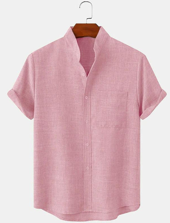Mens Cotton Linen Stand Collar Shirt Colouronova