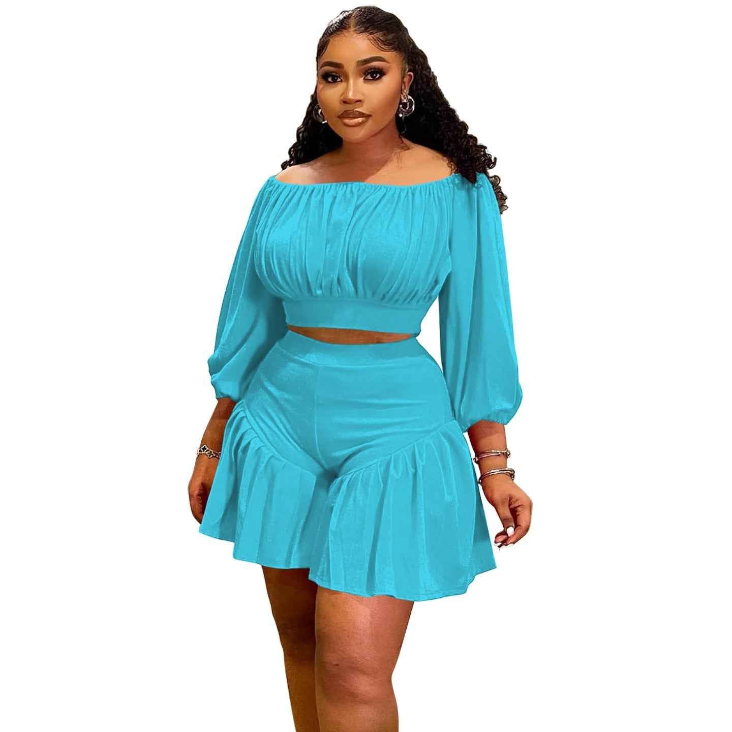 Plus-Size Off-Shoulder Pleated Women's Set