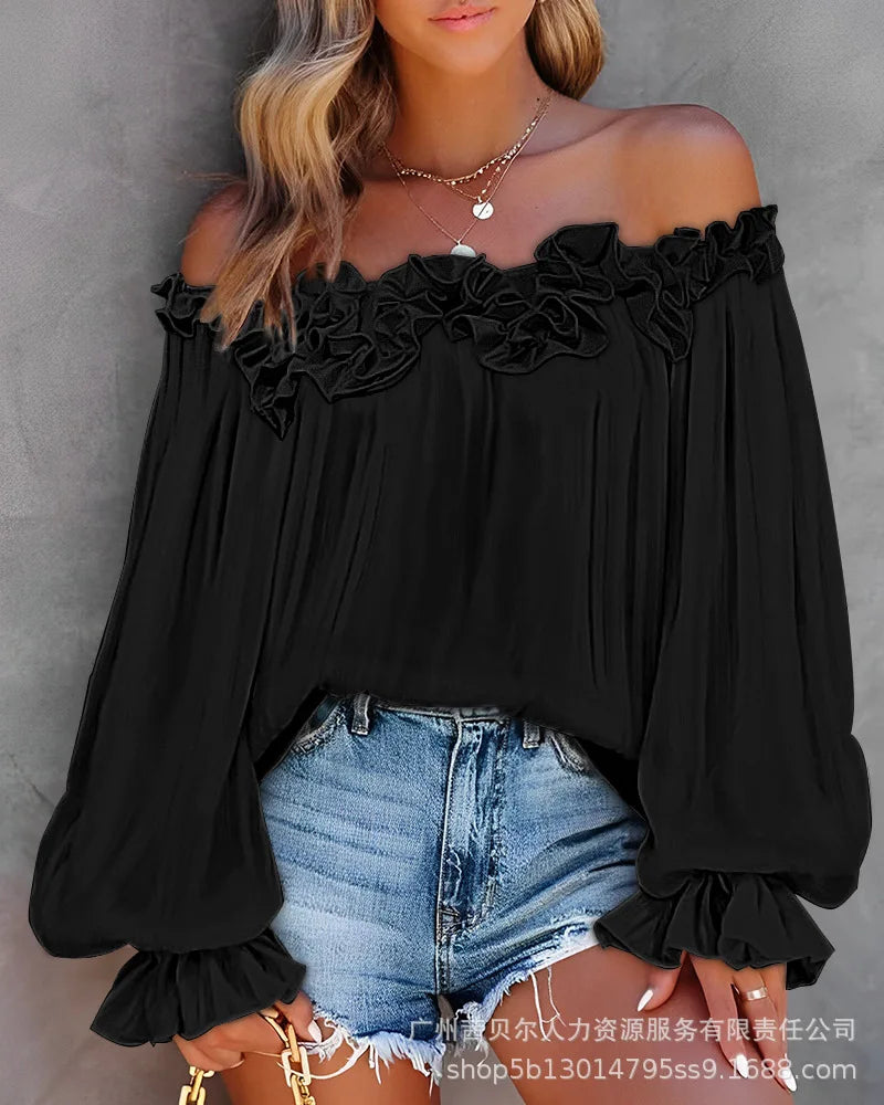 Women Tops Slash Neck Flare Sleeve Solid Pullovers Ruffles Casual T Shirts Elegant Lady Slight Strech Autumn 2024 Patchwork - Colouronova