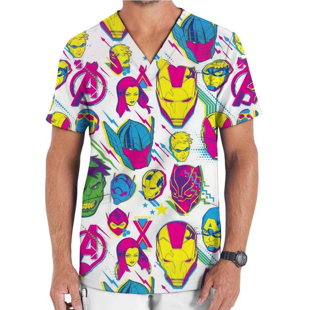 Medical Uniform Men's Nurse Marvel Superhero Matte V-neck Short sleeved Shirt Hospital Top Surgical Dress Men's Dentist T-shirt Colouronova