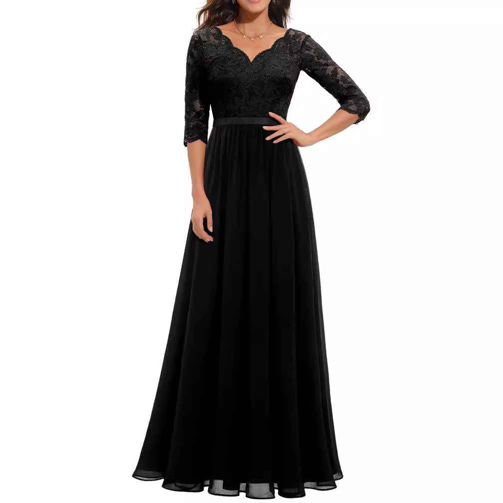 Lace Splicing Long Waist-Cinching Dress