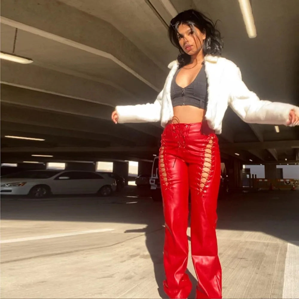 Pants Women Solid Pu Slim Fit Regular Hollow Out Long Pencil Pant Bandage Straight Trousers Office Ladies Capris Splice 2024 - Colouronova