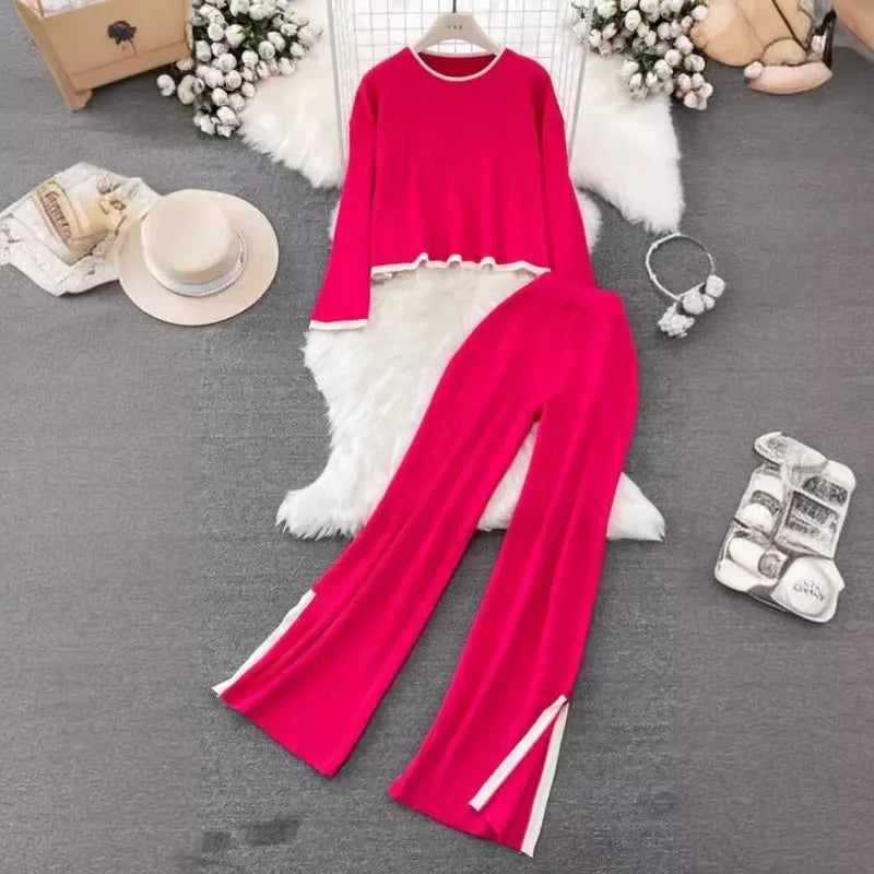 Autumn Winter 2 Pieces Women's Oufit Sets Knitted Tracksuit O-Neck Sweater and Wide Leg Jogging Pants Female Suits - Colouronova