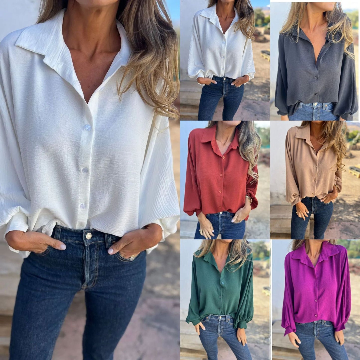 Women's Lapel Button Front Long Sleeve Shirt Colouronova