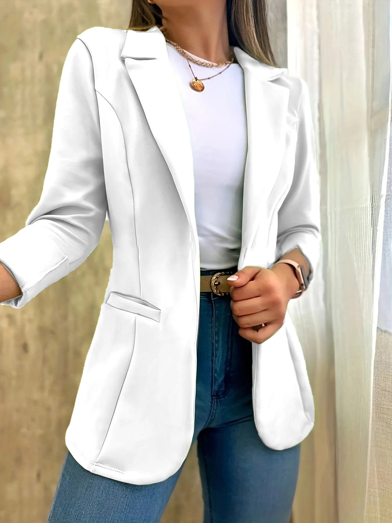 Women Simple Blazer Coat Casual Turn Down Collar Coats Long Sleeve Slim Fit Tailored Jackets Solid Elegant Autumn Open Stitch - Colouronova