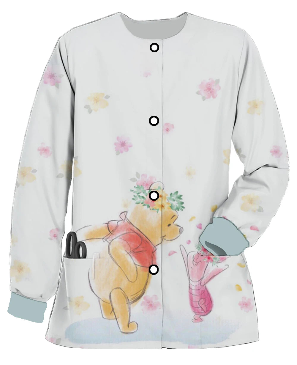 Autumn and Winter New Disney Winnie the Pooh Print Women's Double Pocket Long Sleeve Snap Button Scrub Jacket Medical Coat - Colouronova