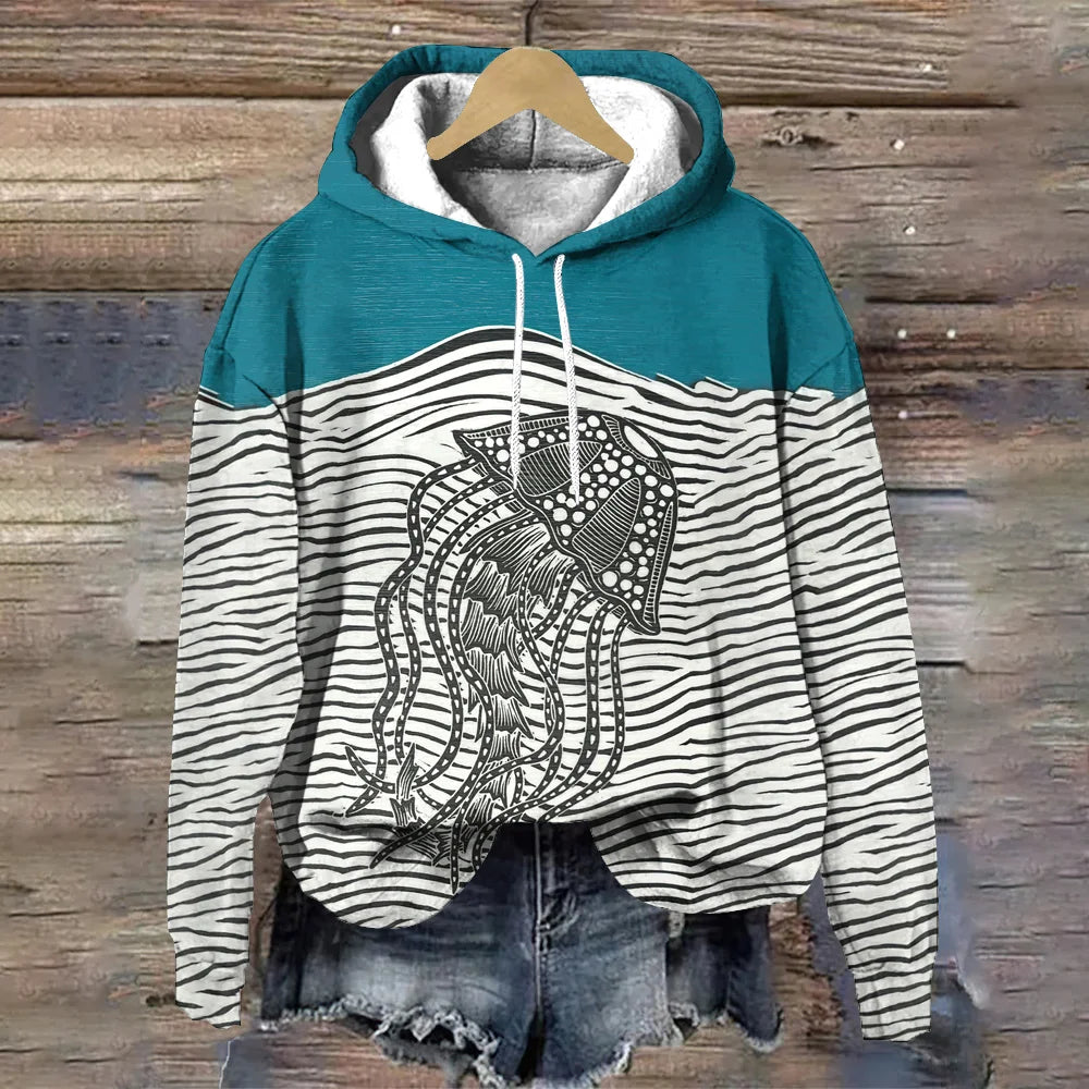 Sea Animal Pattern Women's Hoodie Fashion Women Clothing Tops Autumn/Winter Pullover Hoodies Casual Loose Women's Sweatshirts - Colouronova