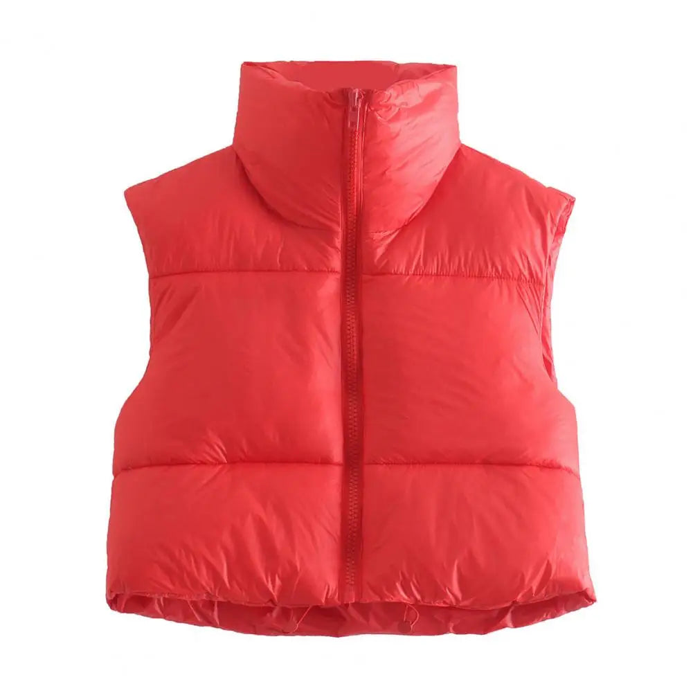 Fall Winter Warm Cropped Vest Jackets for Women Fashion Sleeveless Stand Collar Zip Up Puffer Waistcoat Street Style Outwear - Colouronova
