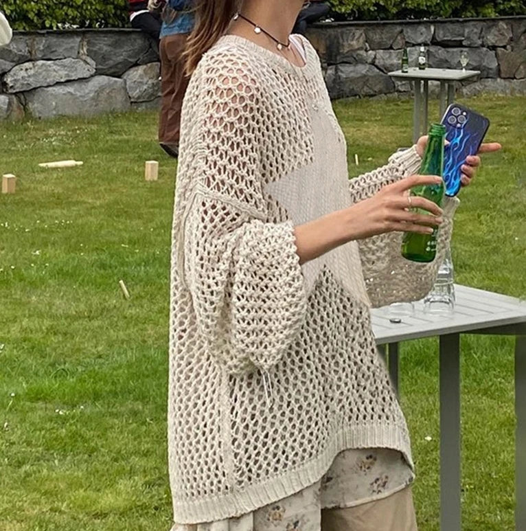 Women's Y2K Sweater 2024 Winter Lazy Solid Color Star Pattern Hollow Out Hoodie Jacket Loose Fit O-Neck Long Sleeve Casual Top - Colouronova