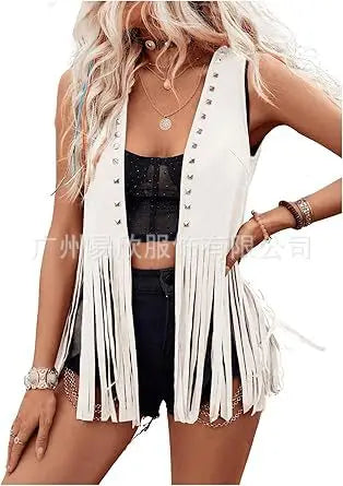 Vests Women Sleeveless Y2k Coats Cardigan Streetwear Tassel High Street Jacket Loose Rivet Slight Strech 2025 Summer Leather - Colouronova