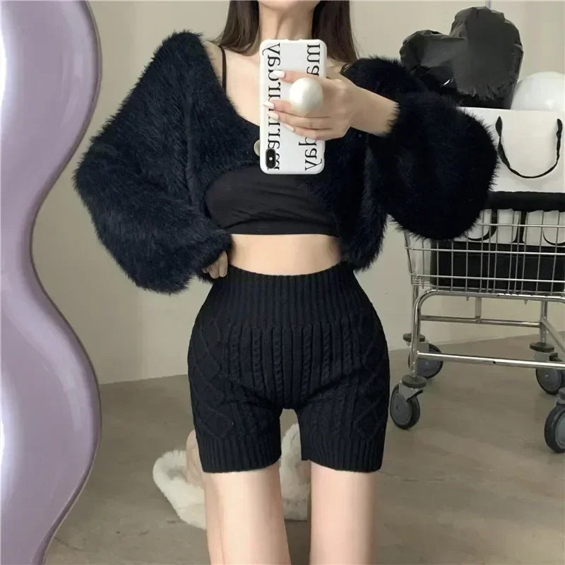 Fashion Women Winter Bottoming Shorts Knitted High Waist Elastic Warm Anti-exposure Basic Shorts ThickElastic Postpartum - Colouronova