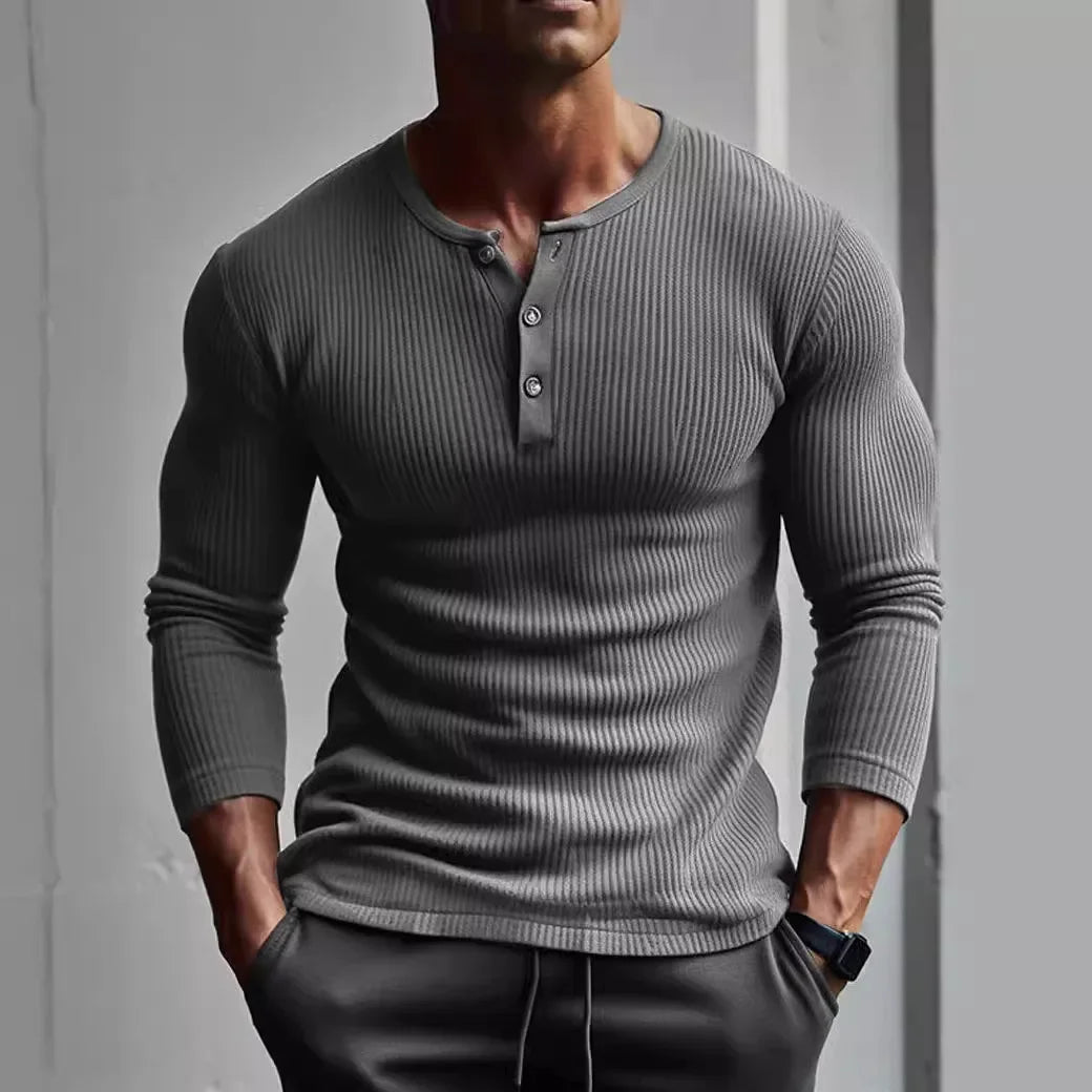 Men Tops T Shirts Full Sleeve V Neck Casual Regular Top Solid Button Splice Sheath Tees Simple Slim Fit Autumn Winter 2024 - Colouronova