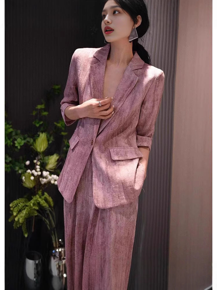 Cotton Linen Wide Leg Pants Set Three Quarter Sleeve Colouronova