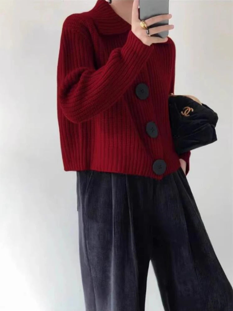 Loose Cardigan Women Turn-down Collar Autumn Winter Elegant Aesthetic Languid Korean Commuting Style Temperament Tender Stylish - Colouronova