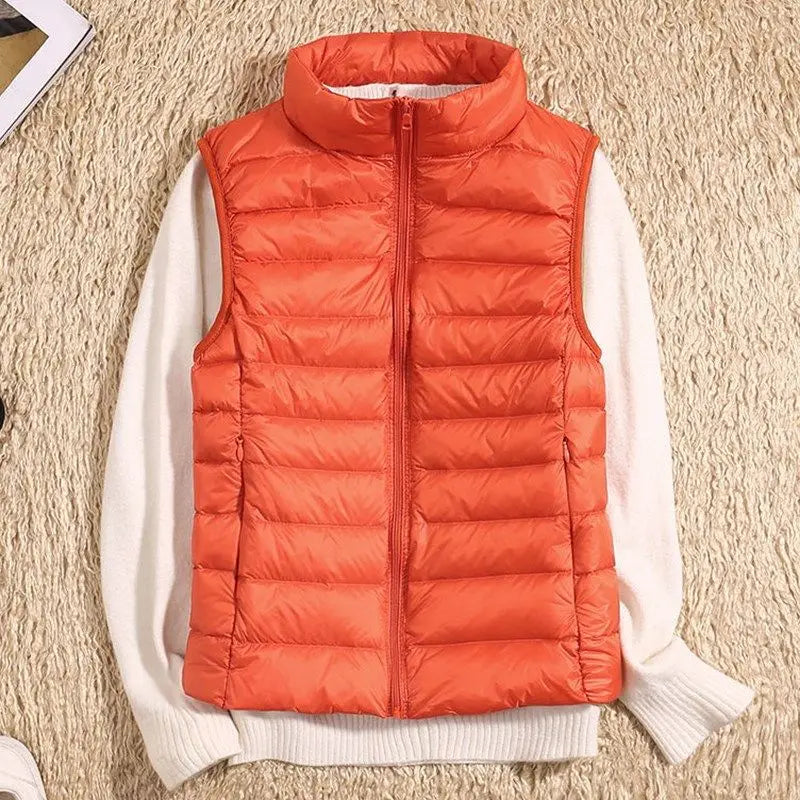 2024 Women's Clothing Down Coats White duck down slim fit new lightweight down vest short standing collar warm thin jacket vests - Colouronova