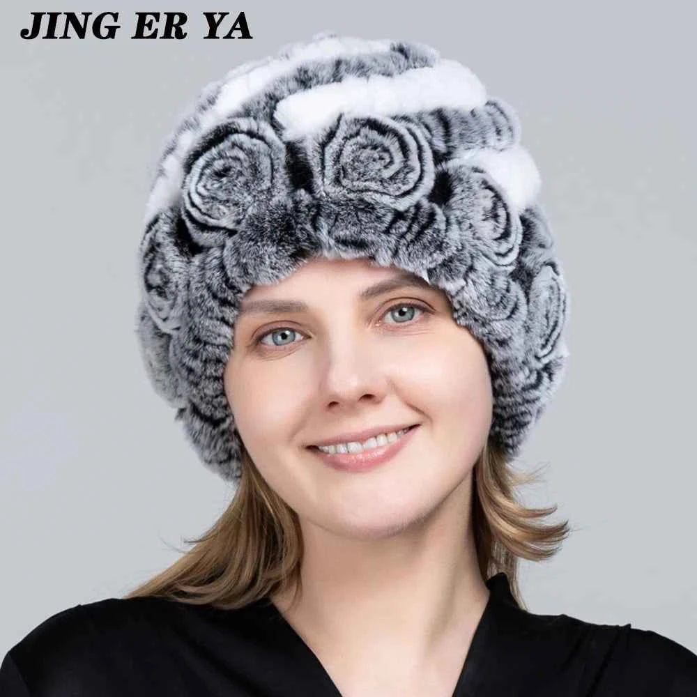 JINGERYA Winter Hat Women Warm Floral Rex Rabbit Fur Knitted Beanie Striped Classic Natural Real Fur Hats