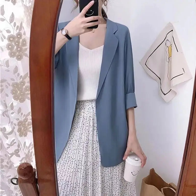 Women Blazer Jacket Cardigan Summer Suit Coat Three Quarter Sleeve Turn Down Collar Office Lady Open Stitch Outerwear 2025 - Colouronova