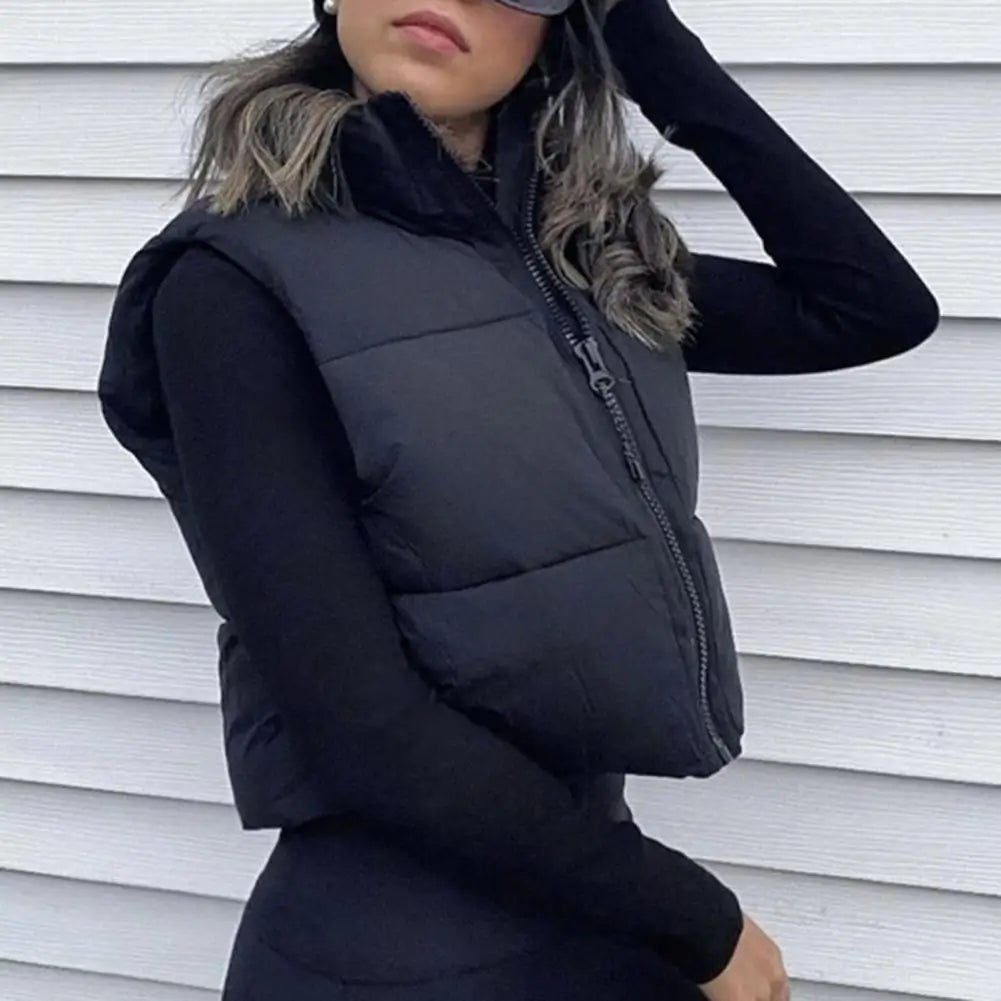Fall Winter Warm Cropped Vest Jackets for Women Fashion Sleeveless Stand Collar Zip Up Puffer Waistcoat Street Style Outwear - Colouronova