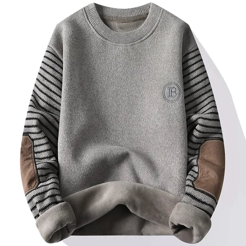 Autumn New Men Sweater Patckwork Round Neck Pullovers Fleece Lined Thick Warm Winter Knitwear Fashion Jumpers Male Clothes - Colouronova