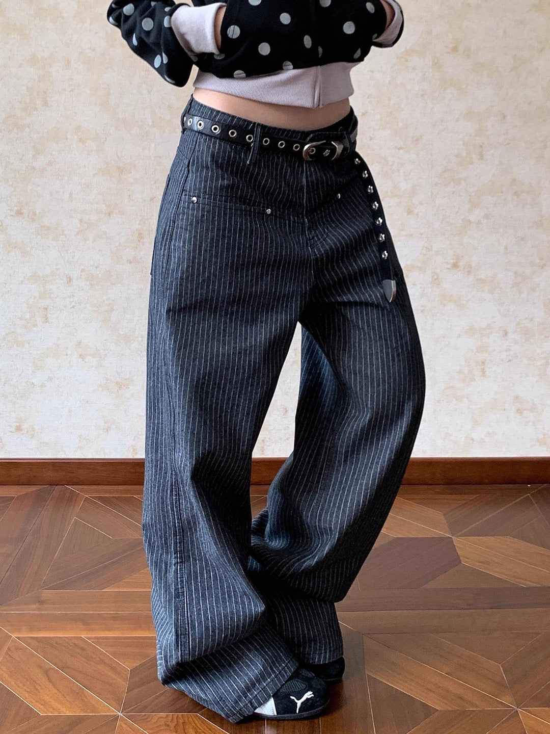 Retro Vertical Striped Denim Pants High Waist Straight Leg