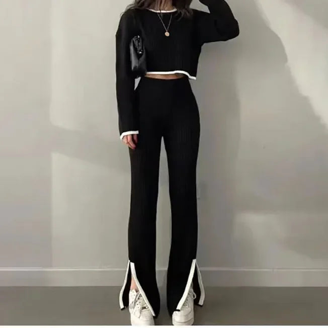 Autumn Winter 2 Pieces Women's Oufit Sets Knitted Tracksuit O-Neck Sweater and Wide Leg Jogging Pants Female Suits - Colouronova