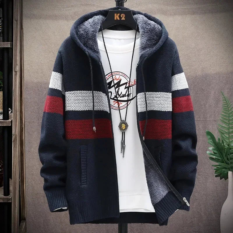 2025 Men's Winter Thick Warm Striped Cardigan Sweater Hooded Faux Fur Wool Jacket Windbreaker Fleece Jumper Knitted Jacket Male - Colouronova