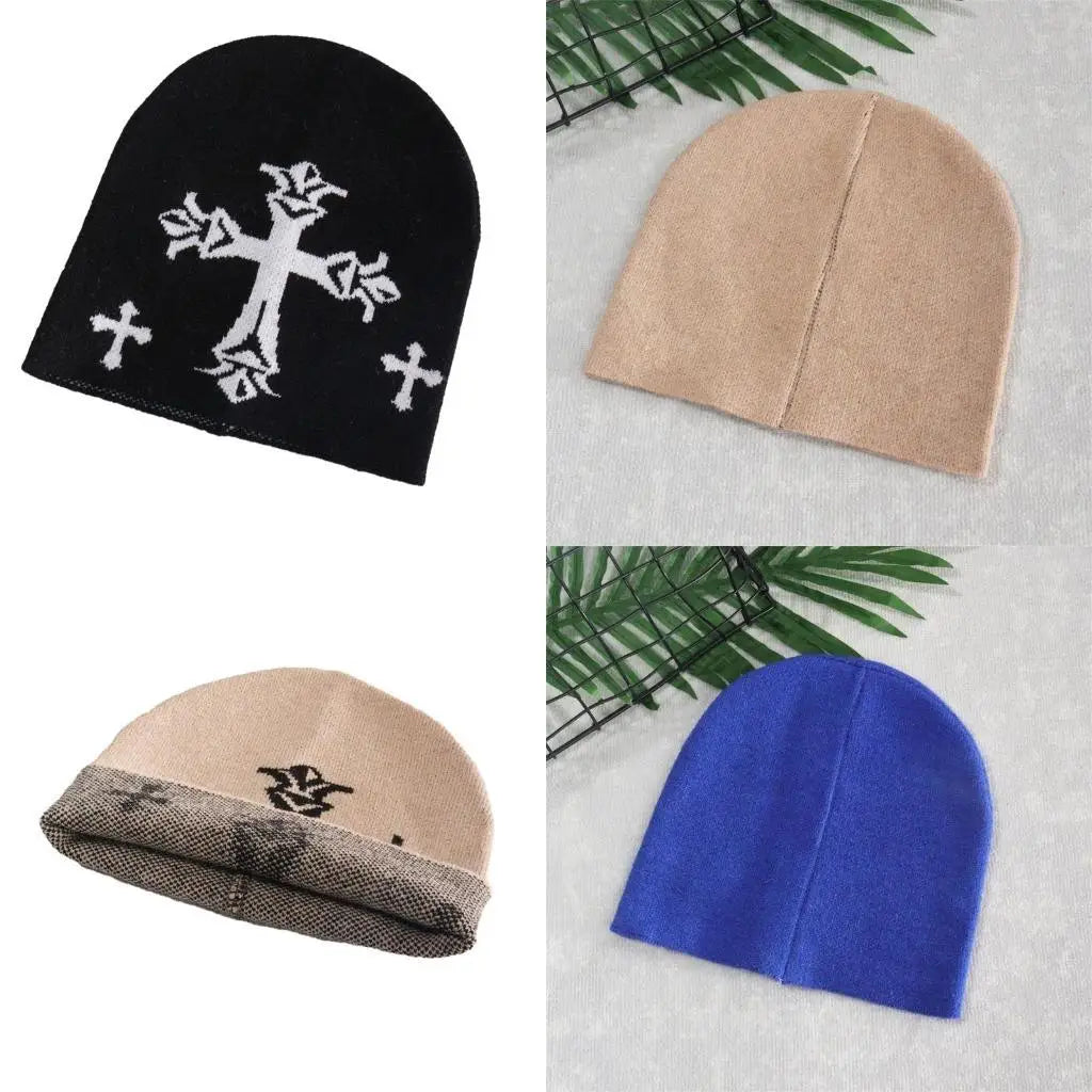 652F Y2K Knit Beanie Hat for Women Men Stretchy Jacquard Hat Handmade Crochet Bonnet Hat Kpop Dancing Hat Skull Cap - Colouronova