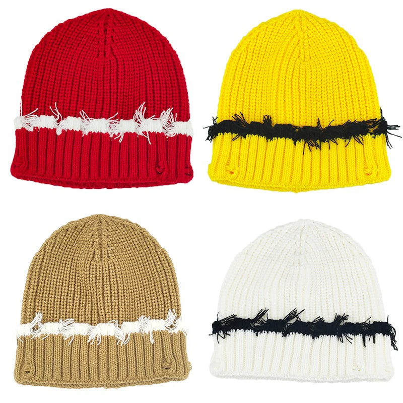 Y2K Knitted Beanie Hats Winter Warm Wool Caps With Holes Hip Hop Streetwear Accessories New Color Matching - Colouronova