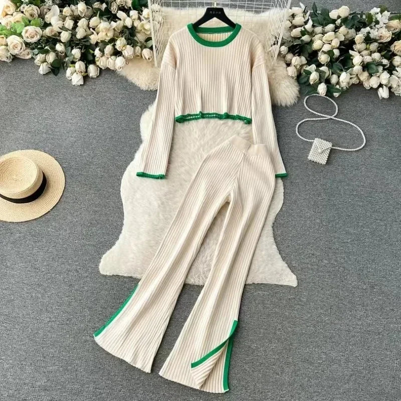 Autumn Winter 2 Pieces Women's Oufit Sets Knitted Tracksuit O-Neck Sweater and Wide Leg Jogging Pants Female Suits - Colouronova
