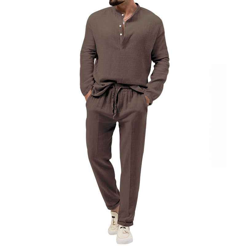 Men's Pure Color Casual Long Sleeve Shirt and Pants Set