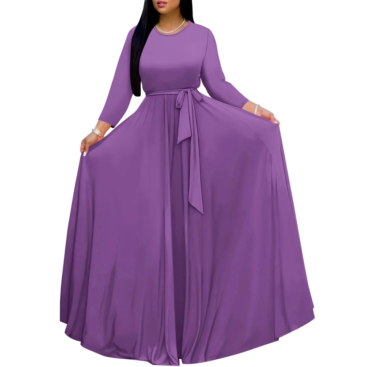 Long Sleeve Plus Size Maxi Fall Dress for Curvy Women Round Neck 3/4 Sleeve Long Dress Cocktail Party Dress Colouronova