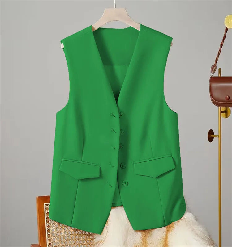 Vest Women Sleeveless Jacket Waistcoat V Neck Single Breasted Tops Outerwear Spring Summer Female 2025 Office Lady Vintage Coat - Colouronova