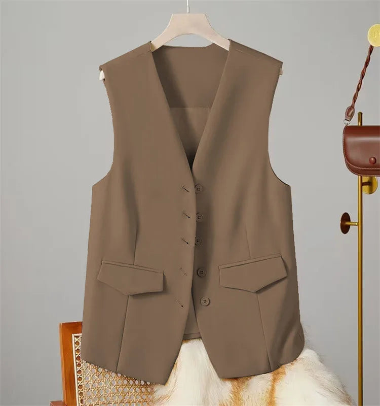Vest Women Sleeveless Jacket Waistcoat V Neck Single Breasted Tops Outerwear Spring Summer Female 2025 Office Lady Vintage Coat - Colouronova