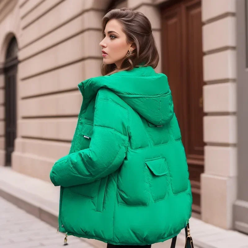 Women Full Sleeve Hooded Zipper Parkas Stand Collar Loose Drawstring Jackets Thick Warm Pockets Casual Coats Autumn Winter - Colouronova