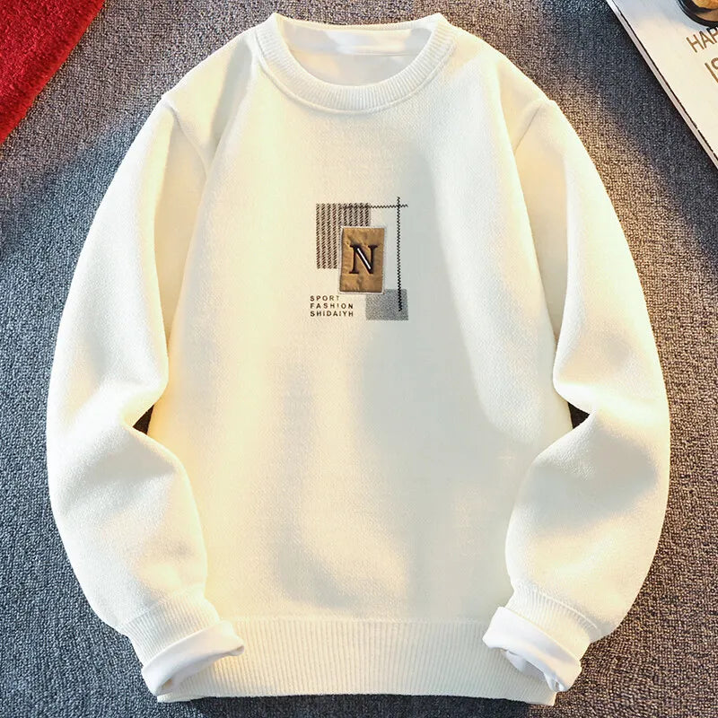 Mens Thick Warm Sweater Crew Neck Knit Sweaters Embroidery Fashion Men's Jumper Casual Sweaters Fleece Lining Winter Pullover - Colouronova