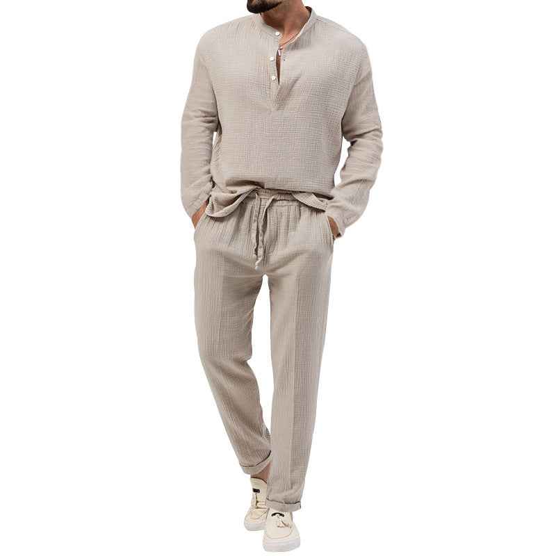 Men's Pure Color Casual Long Sleeve Shirt and Pants Set