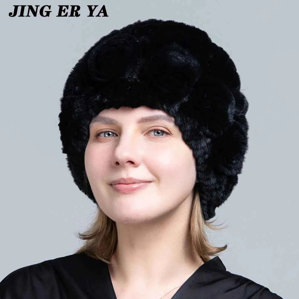 JINGERYA Winter Hat Women Warm Floral Rex Rabbit Fur Knitted Beanie Striped Classic Natural Real Fur Hats
