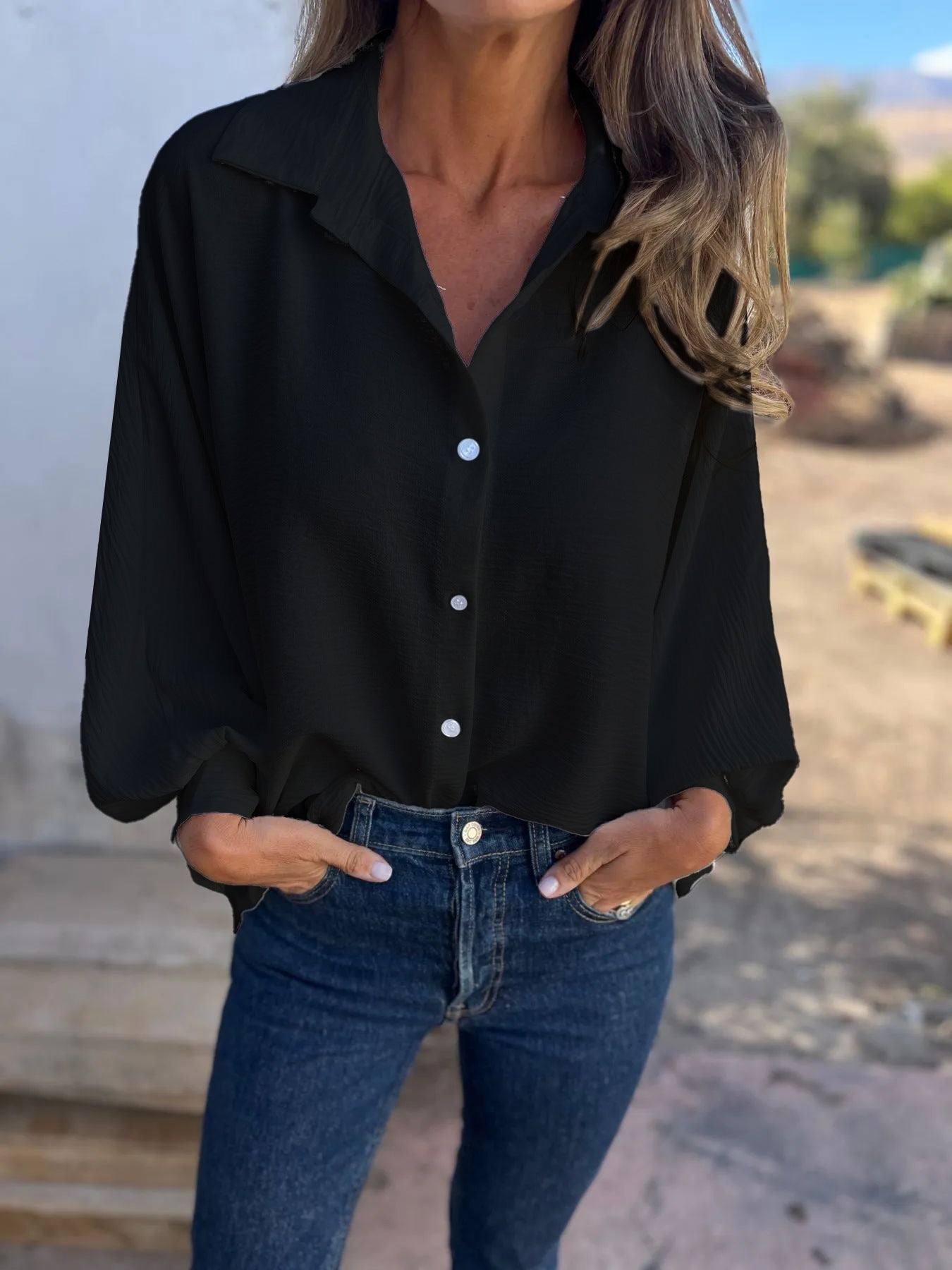 Women's Lapel Button Front Long Sleeve Shirt Colouronova