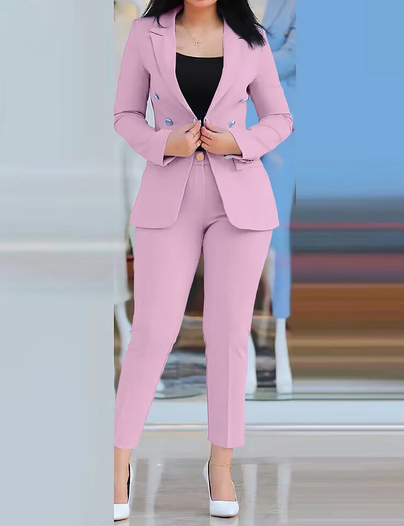 Elegant Office Lady Two Piece Sets Autumn Winter Women Fashion Notched Neck Long Sleeve Blazer & High Waist Work Pants Suits - Colouronova