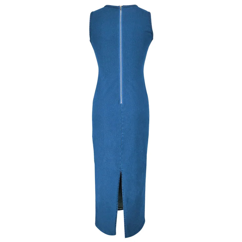 Benuynffy Elegant Split Hem Denim Dress Women's Fashion 2025 Summer Autumn Round Neck Sleeveless Zipper Hip-wrapped Long Dress - Colouronova